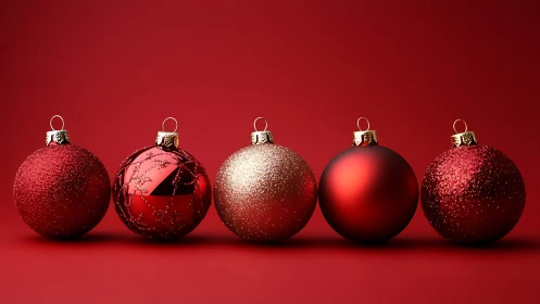 Red and gold Christmas baubles on plain red background.