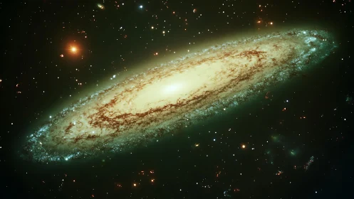 Edge-on spiral galaxy with glowing core and starfield halo.