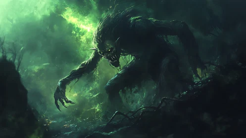 Bioluminescent swamp wraith emerging through toxic mist