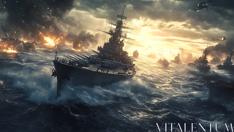 Colossal battleship armada charging through burning seas.