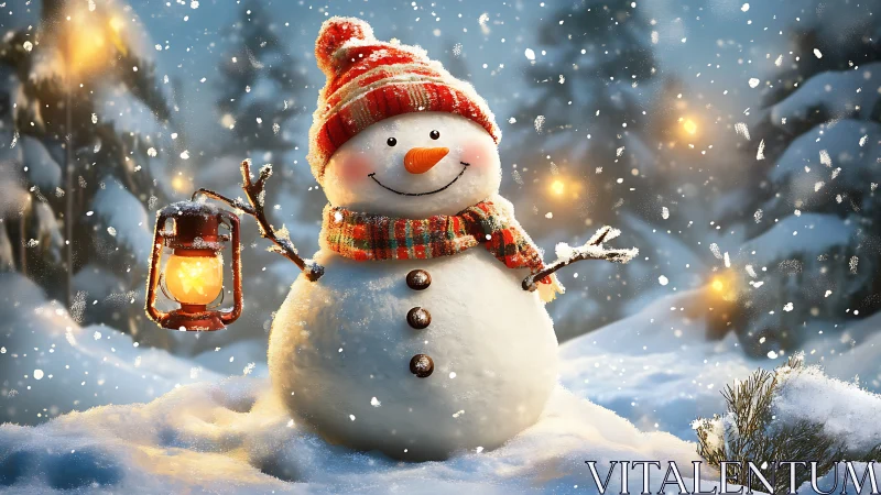 Cheerful snowman glows in a lantern-lit winter snowfall.