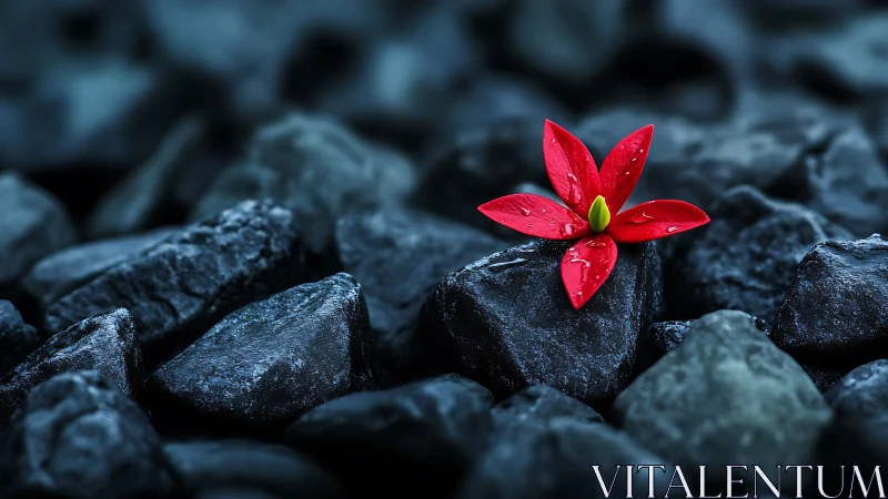 Red Flower on Dark Rocks.