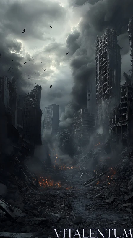 Twisted skyscraper ruins under storm-choked apocalyptic sky.