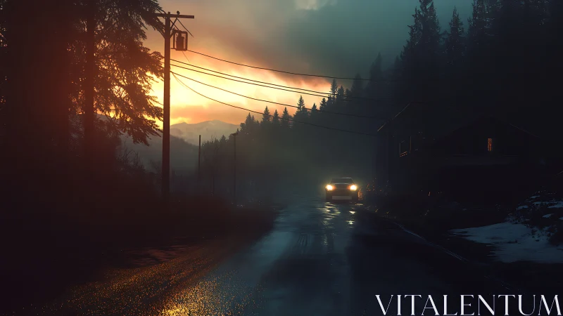 Foggy mountain road at dusk with lone approaching car.