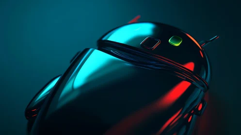Chromed android mascot under cyan and red rim lighting, close-up