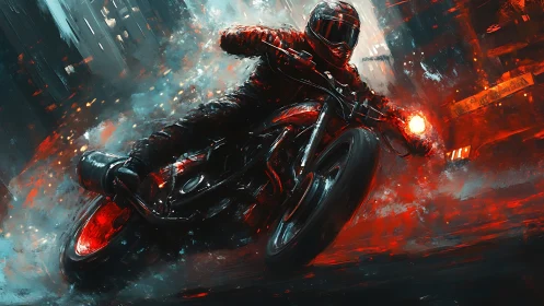 Motorcyclist cornering on wet urban street at night scene.