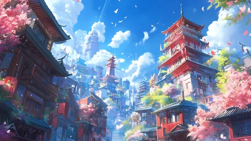 Layered hillside city with pagoda towers under clear sky.