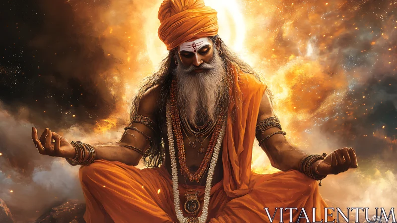 Mystical sage meditates within blazing cosmic aura.