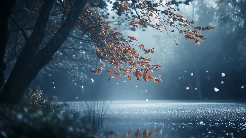 Autumn leaves over misty lake under soft blue light.