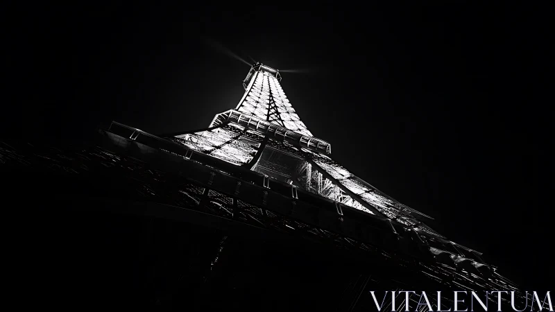 Night upward view of illuminated Eiffel Tower structure.