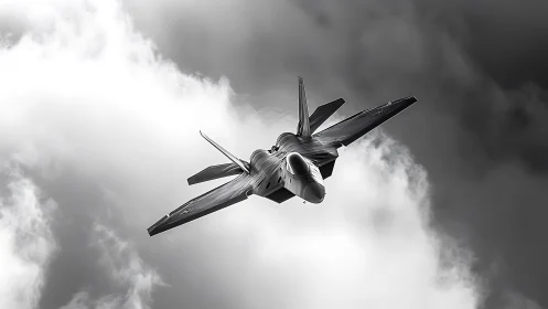Stealth fighter jet banking through storm-lit cumulus clouds.