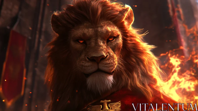 Regal armored lion rendered with cinematic lighting and embers