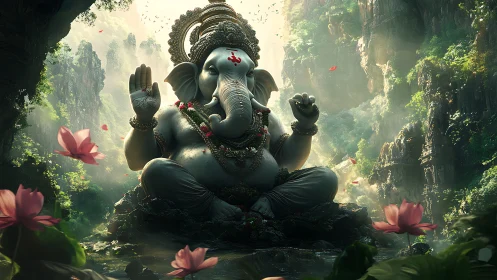 Majestic Ganesha statue sits amid misty jungle canyon