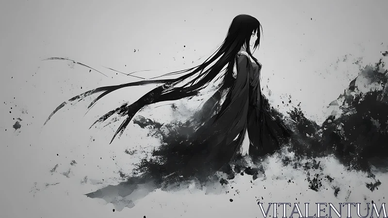 Monochrome anime silhouette with ink-splash dispersion effect.
