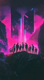 Cyberpunk group silhouette against neon portal monoliths.