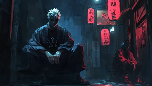 Brooding street ronin sit beneath neon lanterns at night