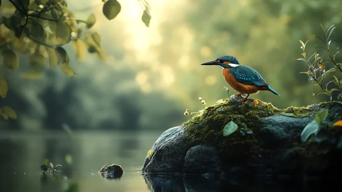 Vibrant kingfisher on mossy river rock in dreamy morning light.