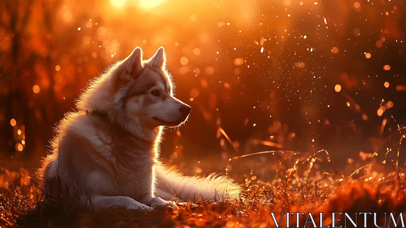 Backlit husky profile in golden-hour atmospheric bokeh field.