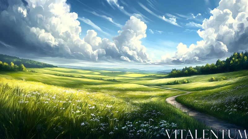 Sunlit meadow valley under towering summer clouds.