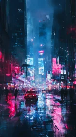 Neon taxi crossing reflective cyberpunk night avenue.