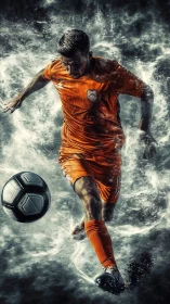 Dynamic soccer forward drives ball through swirling vapor