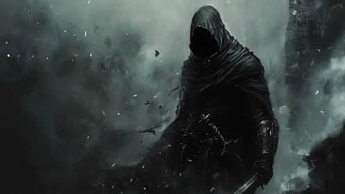 Shadowed wanderer wrapped in mist and quiet mystery.