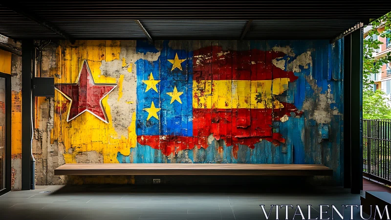 Colorful urban mural brightens a modern industrial bench nook