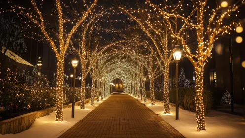 Winter avenue lined with illuminated trees forms a glowing tunnel
