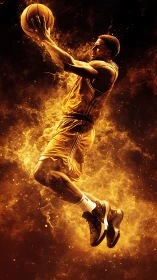 Kinetic basketball dunk rendered in fiery particulate motion field.