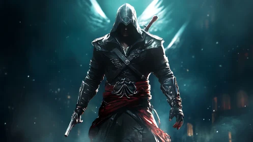 Hooded rogue strides from glowing mist with spectral wings.