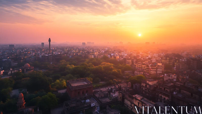 Aerial urban sunrise over dense skyline and green corridor.