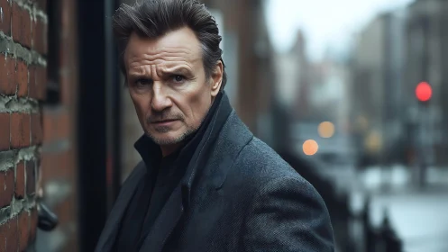 Middle aged man in coat on urban street in soft focus.