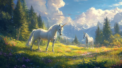 Sunlit unicorn meadow under cloud-kissed mountain guardians.