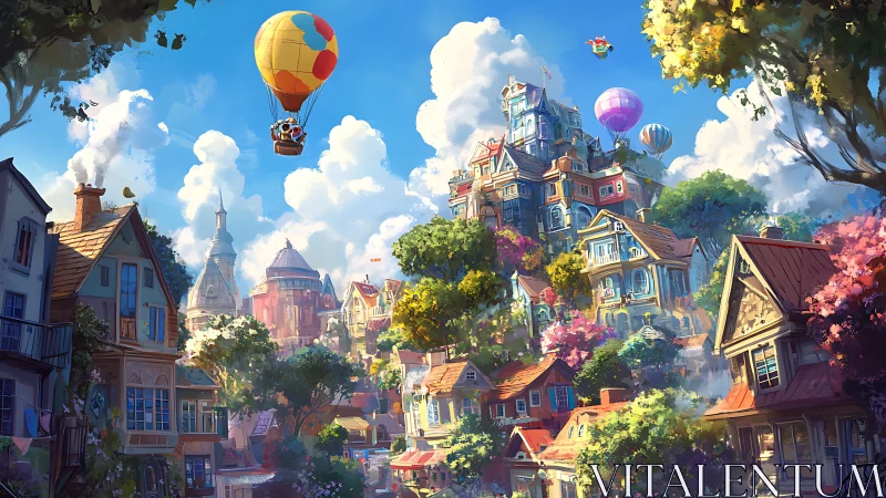 Whimsical hilltop village where hot air balloons daydream.
