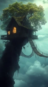 Tree-supported wooden house with suspended rope bridge stands high