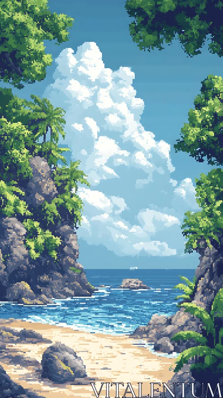 Pixel art coastal landscape with rocky cove and tropical vegetation