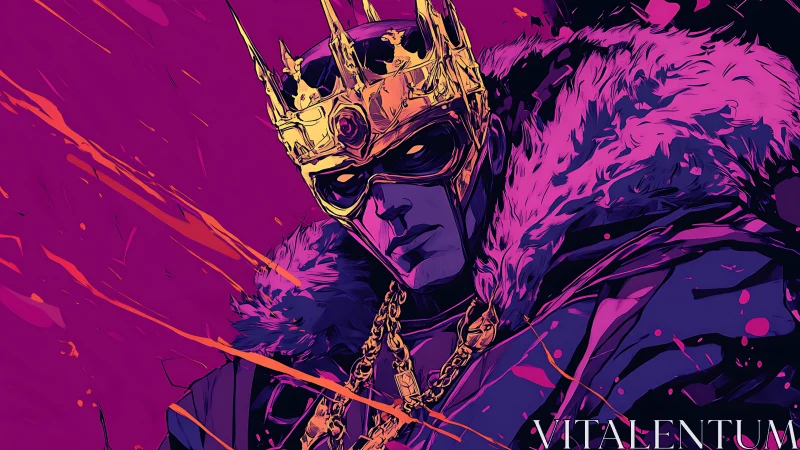 Neon crown king broods in molten magenta streetlight storm.