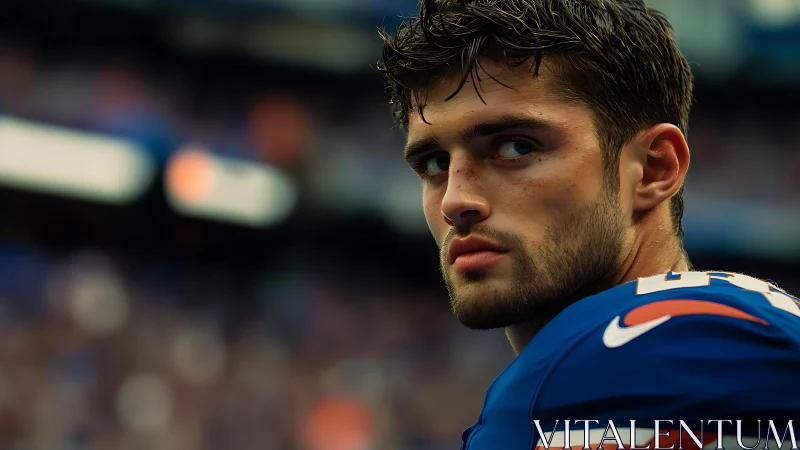 Sideline portrait of focused American football player in game