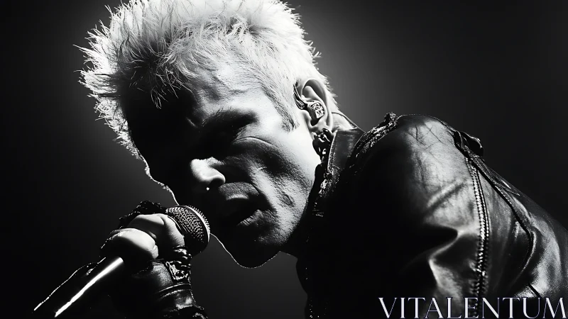 High-contrast monochrome portrait captures intense punk vocalist