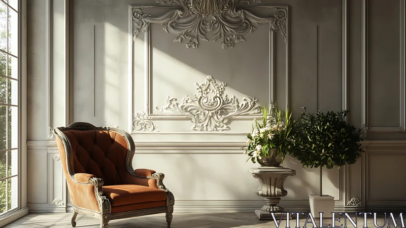 Sunlit classical interior displays chair, moldings and plants