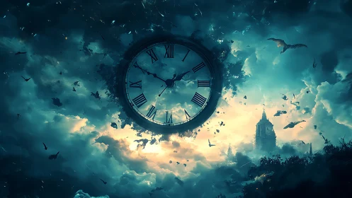 Giant clock floats in storm-torn sky over distant tower