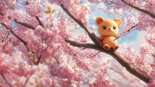 Plush bear sits on flowering cherry tree branch in bloom