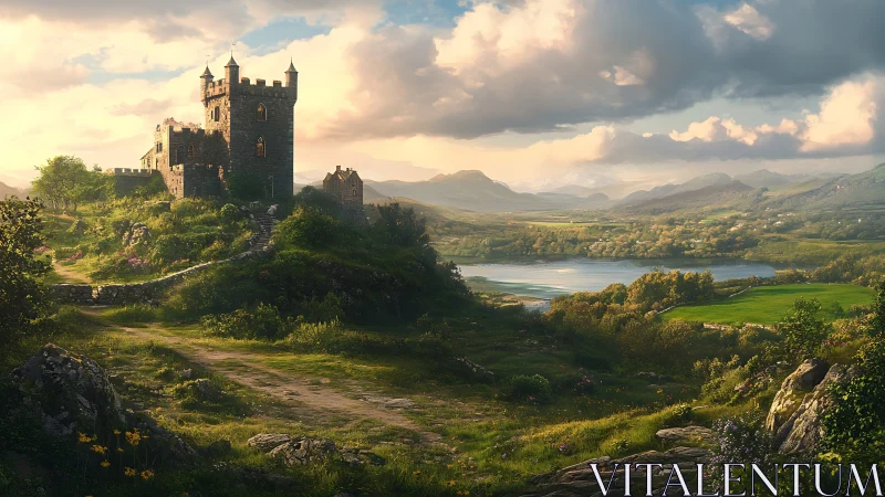 Stone castle on hill above wide river valley at sunset.