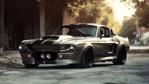 Sunlit classic muscle car resting between city shadows.