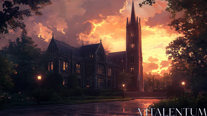 Gothic stone church stands against vivid sunset sky