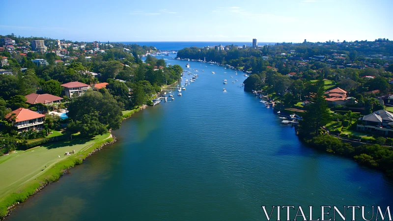 Sunlit riverside suburb glides calmly toward the open sea