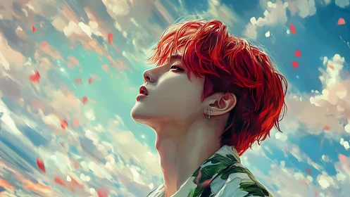 Crimson haired figure under painterly sky in profile view.