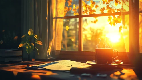 Sunlit window scene shows desk, open book, and steaming cup