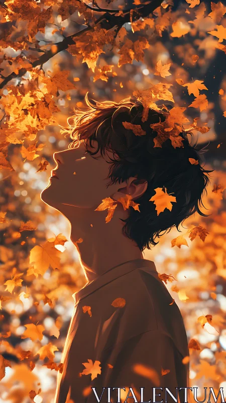 Autumn leaves swirl around a serene profile in golden light.