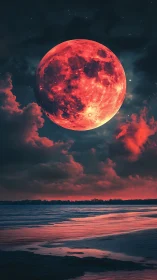 Crimson supermoon rising over reflective twilight shore.